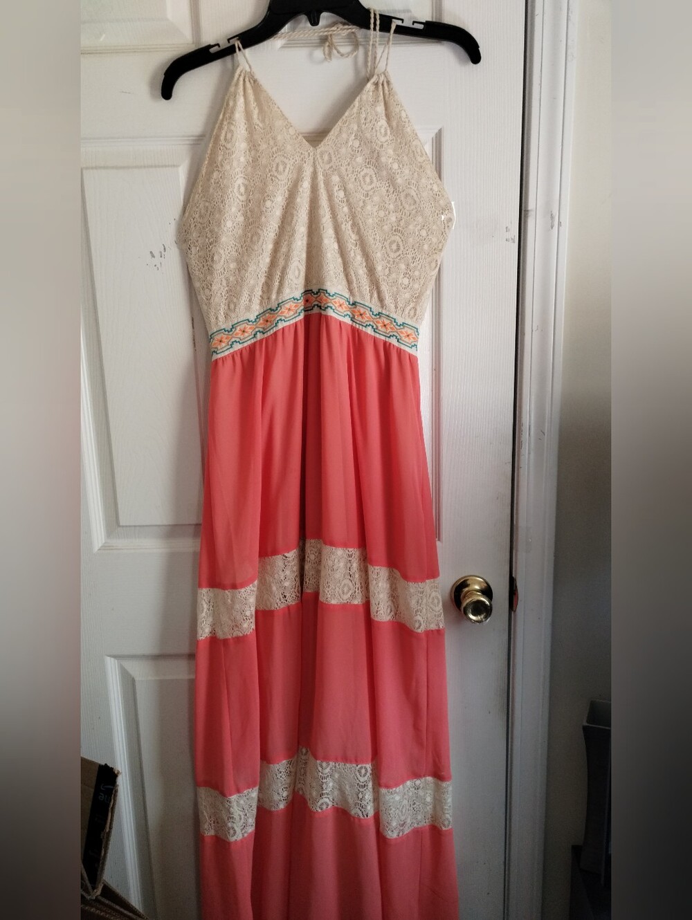 Flying Tomato Boho Coral/Cream Lace Halter Maxi Dress with Embroidered Waist